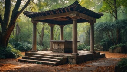 Ancient Stone Pavilion in a Misty Forest. with copy space for text