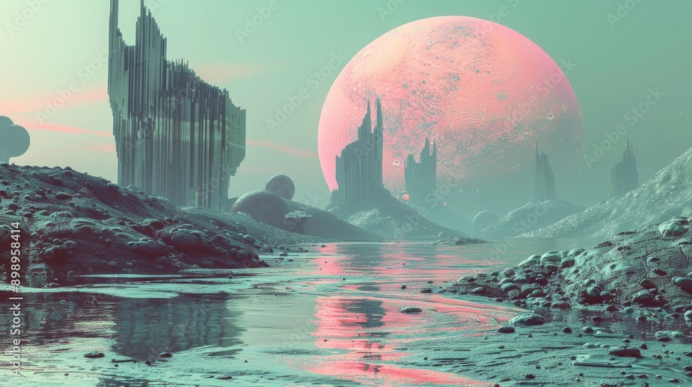 Poster A futuristic cityscape with sleek buildings and a river running through, ideal for urban or technology-related projects
