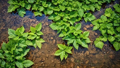 Green Leaves Over Shallow Water. with copy space for text