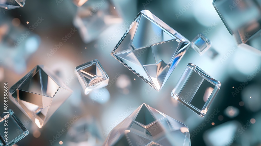 Poster 7. **create a 3d image of transparent glass tetrahedrons with smooth, glossy surfaces, floating agai