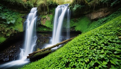 Obraz premium Lush Green Waterfall in a Tropical Rainforest.