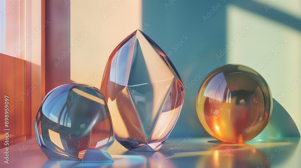Poster 48. **visualize a 3d render of abstract geometric glass shapes with high-gloss finishes and complex 