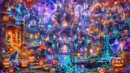 A spooky Halloween scene with creatively carved pumpkins, ghosts, bats, and witches. The background features a haunted house with eerie lighting, 