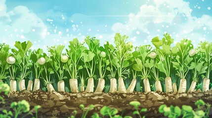 Fototapeta premium Watercolor illustration of parsnip plants in a field with green tops under a bright blue sky. Concept of agriculture, farming, root vegetables, botanical art