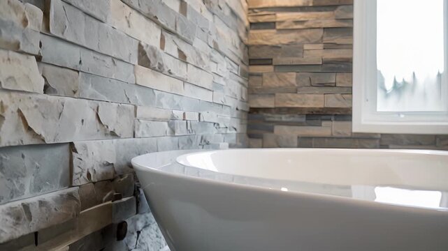 The stone cladding in this bathroom creates a timeless and sophisticated look perfect for a luxurious home.