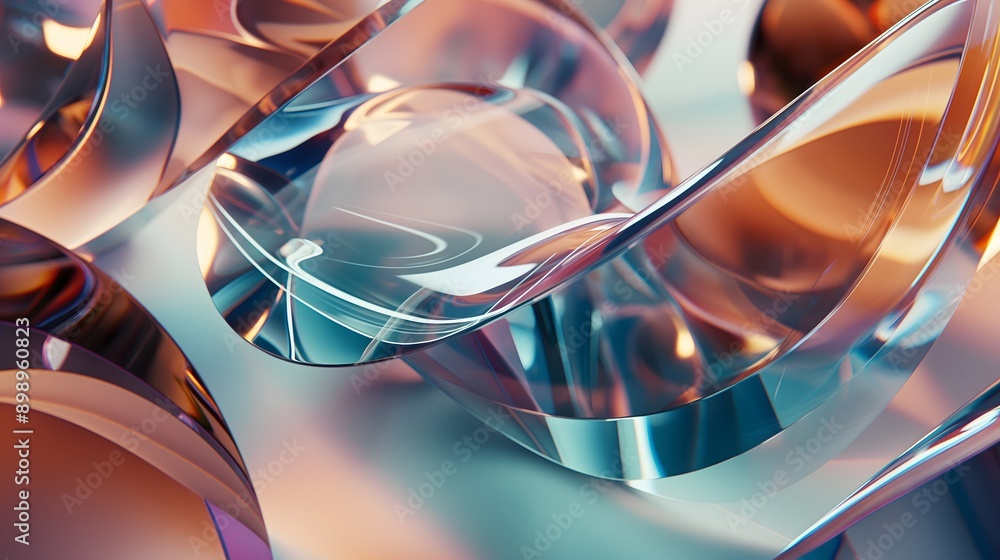 Poster 42. **visualize a 3d render of overlapping geometric glass shapes with glossy surfaces and intricate