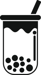 Black and white icon of a bubble tea cup with tapioca pearls and a straw, showing a popular taiwanese drink