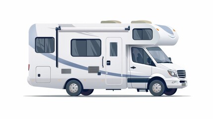 A white and blue camper van is parked on white background