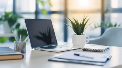 Sunlit Workspace Serenity: A minimalist home office bathed in warm sunlight, featuring a laptop, notepad, and succulent, inviting productivity and focus. 