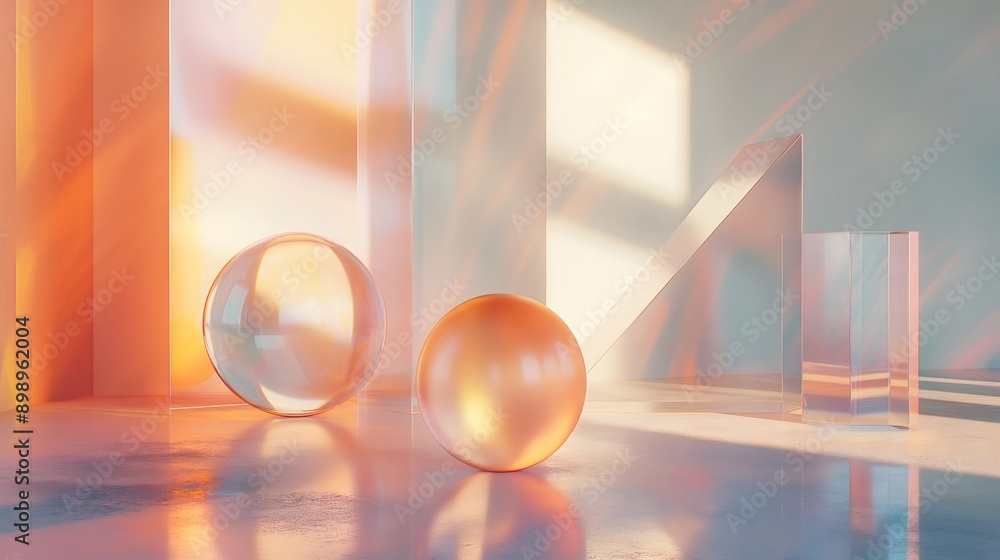 Poster 1. **create a 3d render of geometric transparent glass shapes with glossy surfaces, set against a su