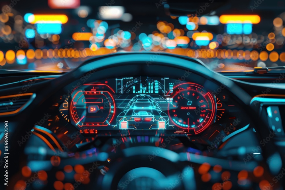 Poster a view of a car's dashboard from the driver's seat, useful for automotive or travel-related projects