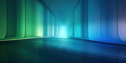 Abstract futuristic corridor with gradient blue and green light wallpaper background
