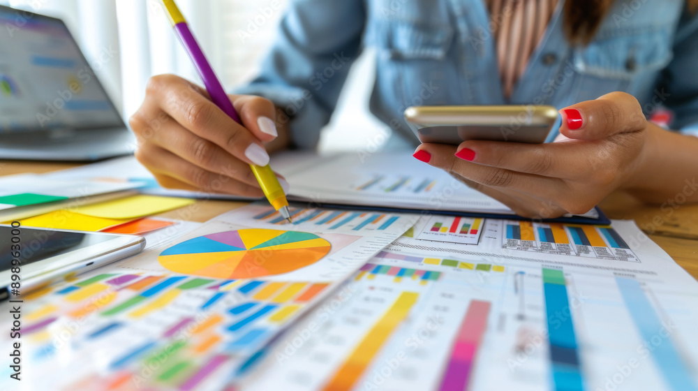 Poster a person is writing on a calendar with colored markers while using their phone to take notes and loo