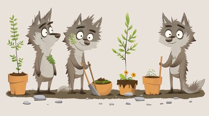 The Wolf Pack's Green Thumbs: A playful illustration of four adorable wolves tending to their potted plants, showcasing their green thumbs and love for nature.  