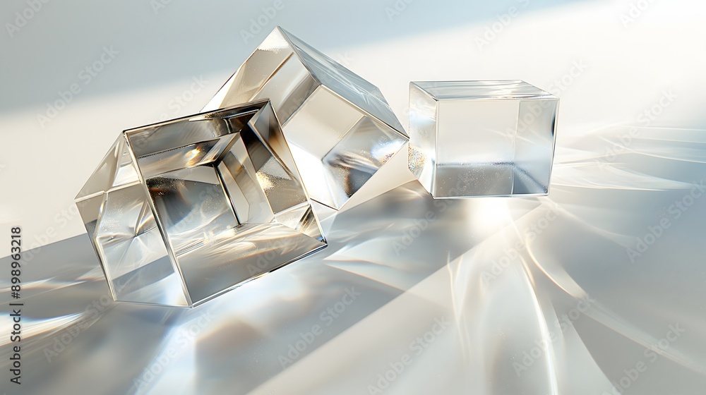 Poster 40. **render a 3d image of geometric transparent glass prisms with smooth, glossy surfaces and compl