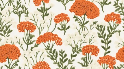 The background decorated with orange and white yarrow flowers with green leaves brings a happy and cheerful feeling, just like being in a colorful garden.