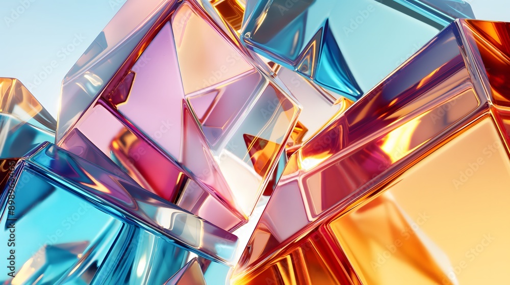Poster 42. **visualize a 3d render of overlapping geometric glass shapes with glossy surfaces and intricate