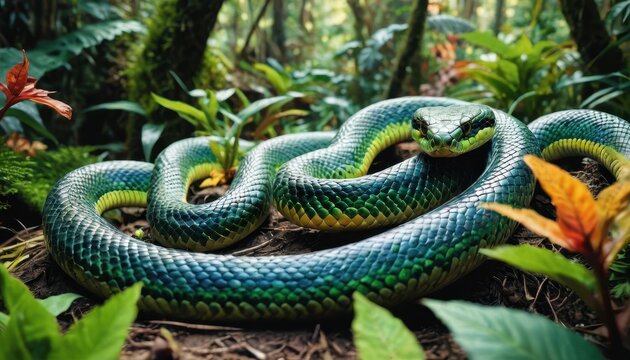 Green Tree Python in Jungle Habitat. with copy space for text