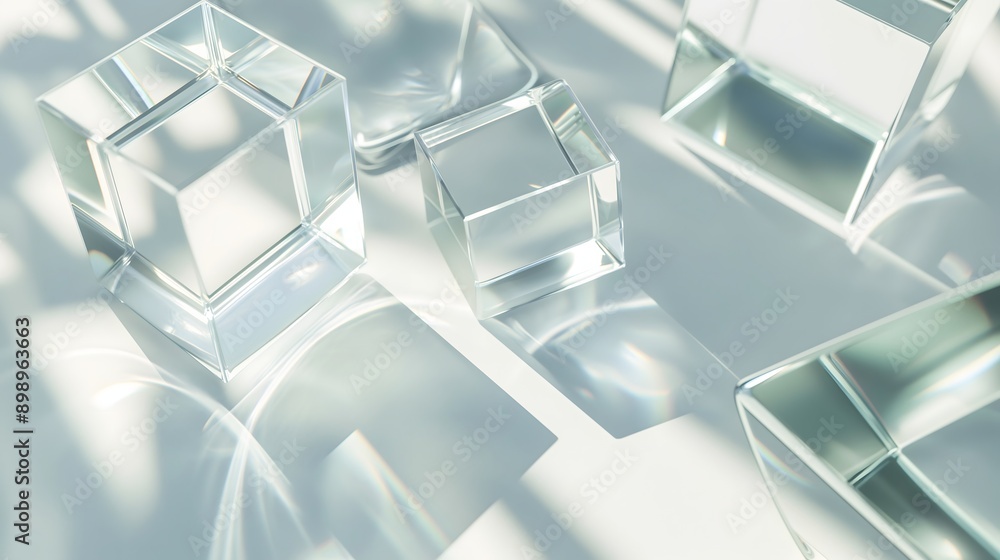 Poster 40. **render a 3d image of geometric transparent glass prisms with smooth, glossy surfaces and compl