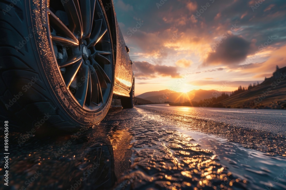 Poster close-up shot of a tire on a wet road, perfect for use in traffic or driving scenes