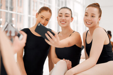 Ballet, selfie and smile of dancers together in dance studio, art academy or creative school for practice and training. Students, artist and people on floor getting ready for performance or hobby