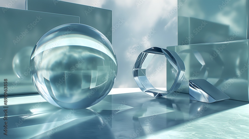 Poster 43. **create a 3d image of smooth, transparent geometric glass structures with high-gloss finishes, 