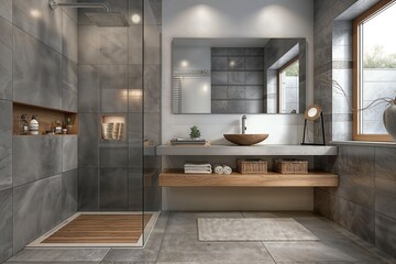 Modern bathroom interior with a spacious shower, wooden elements, and natural light from a large window.