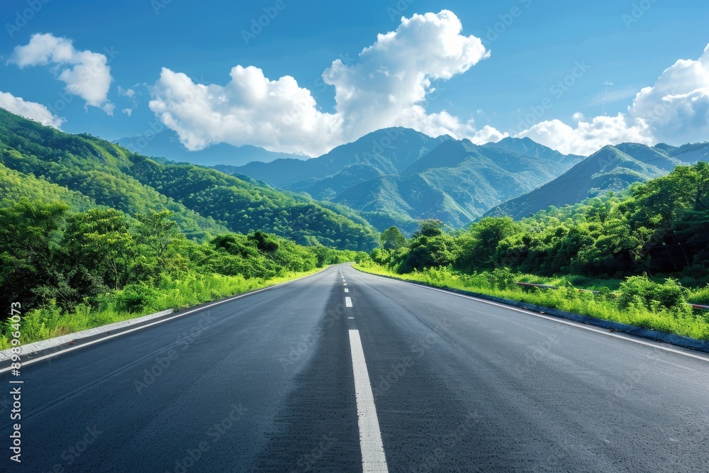 Poster a long stretch of empty road winding through mountains in the distance