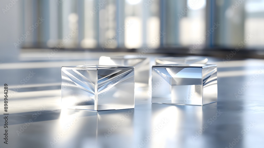 Poster 37. **create a 3d image of smooth, glossy geometric glass forms with transparent qualities, set agai