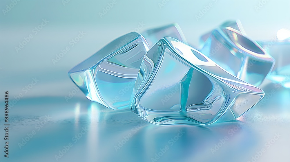 Poster 6. **visualize a 3d render of interlocking geometric glass shapes with a glossy finish, set against 