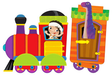 Cartoon funny looking colorful wagon with dino dinosaur animal lizard and caveman conductor isolated illustration for children
