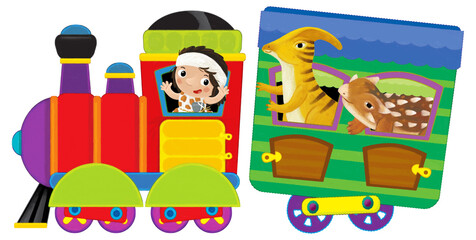 Cartoon funny looking colorful wagon with dino dinosaur animal lizard and caveman conductor isolated illustration for children