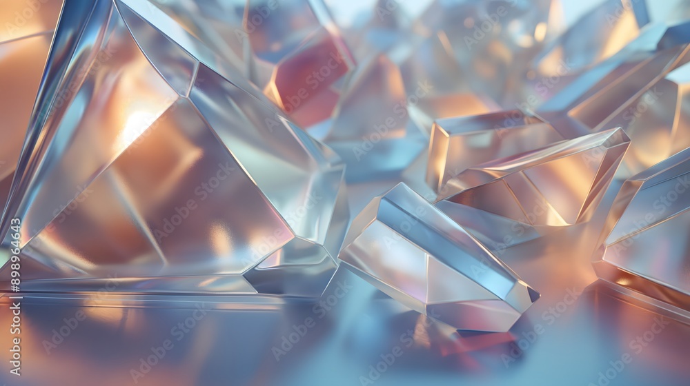 Poster 34. **render a 3d image of geometric transparent glass forms with high-gloss finishes and complex li