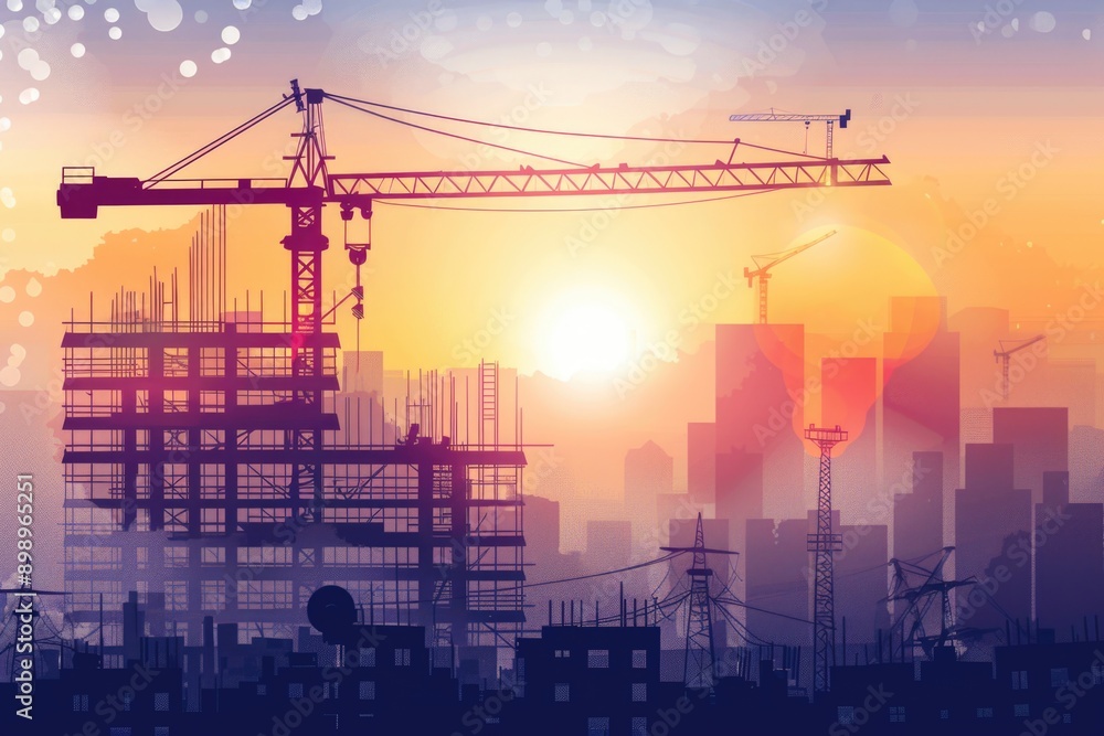 Poster a busy construction site with a crane operating in the foreground, suitable for use in commercial or