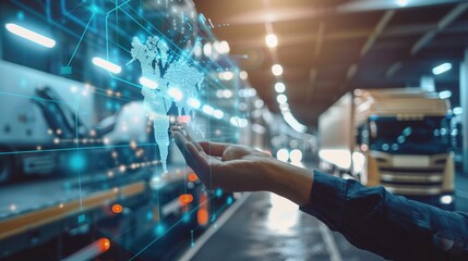 Fototapeta premium Businessman holding a virtual interface panel showcasing global logistics network and smart transportation systems.