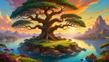 Ancient Tree on Island at Sunset. with copy space for text