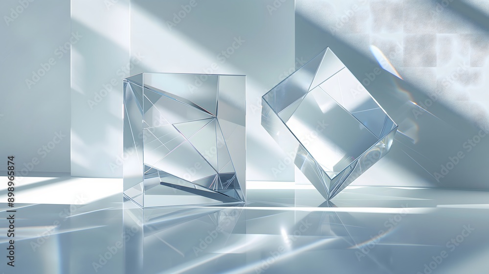 Poster 15. **design a 3d render of geometric glass forms with smooth, glossy surfaces and intricate light p