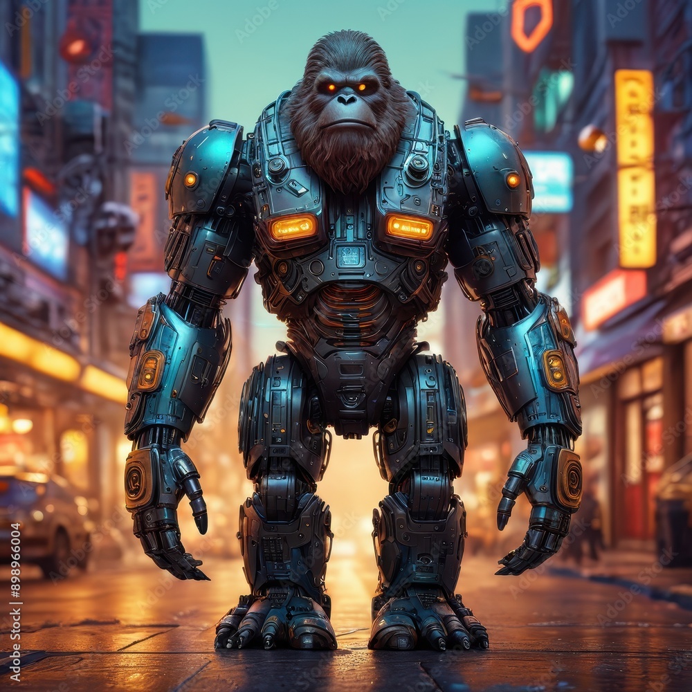 Poster cybernetic gorilla in a futuristic city.