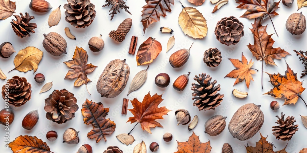 Poster a selection of various nuts and leaves arranged on a white surface