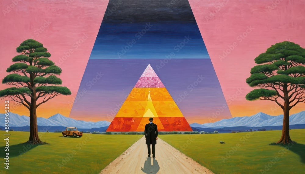 Poster man walking towards abstract pyramid in surreal landscape. with copy space for text