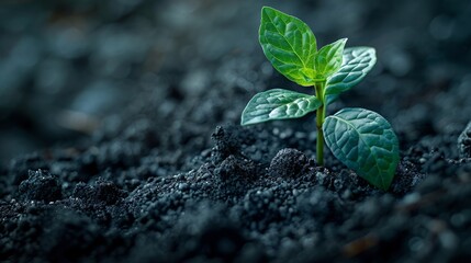 Small green plant is growing up from dark fertile soil with a blurred background