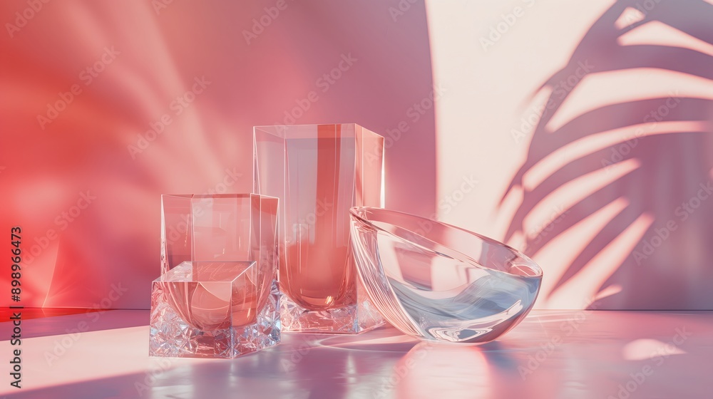 Poster 20. **generate a 3d geometric render of smooth, glossy glass structures with transparent facets, set