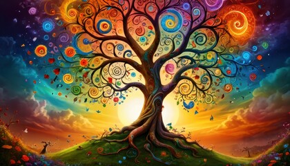 Tree of Cosmic Dreams: A vibrant, swirling tree of life bursts with rainbow colors against a backdrop of a magical sunset, symbolizing growth, renewal, and the interconnectedness of all things. 