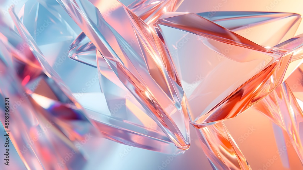 Poster 16. **render a 3d image of overlapping transparent geometric glass shapes with high-gloss finishes a