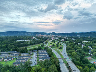 Aerial View of Downtown Asheville Highways. North Carolina drone view of the city