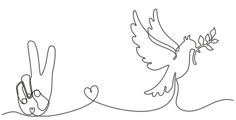 International peace day.Continuous line drawing. Peace dove sign. Olive branch. Vector holiday signature. Freedom sign. White dove bird. Dove icon