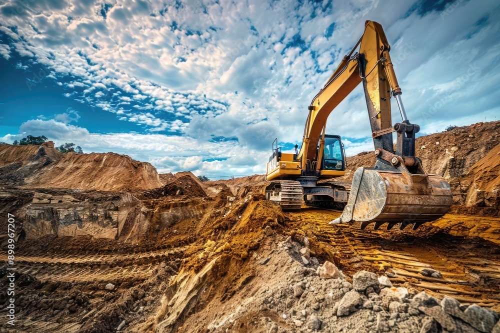 Poster a large excavator operating on a busy construction site