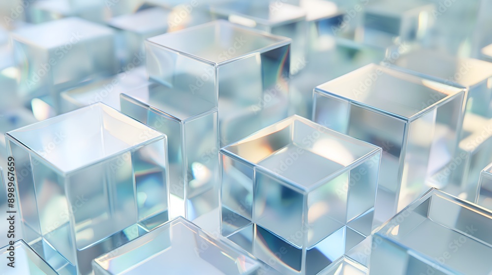 Poster 36. **visualize a 3d render of interconnected geometric glass prisms with high-gloss finishes and in