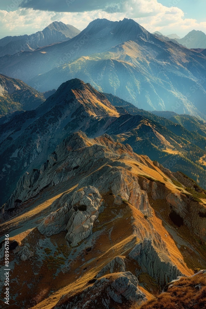 Poster aerial view of a mountain range from a high vantage point, showcasing peaks and valleys