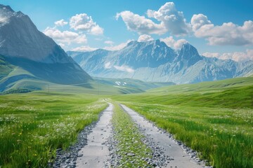 Fototapeta premium A dirt road winds its way through a vibrant green field, surrounded by nature